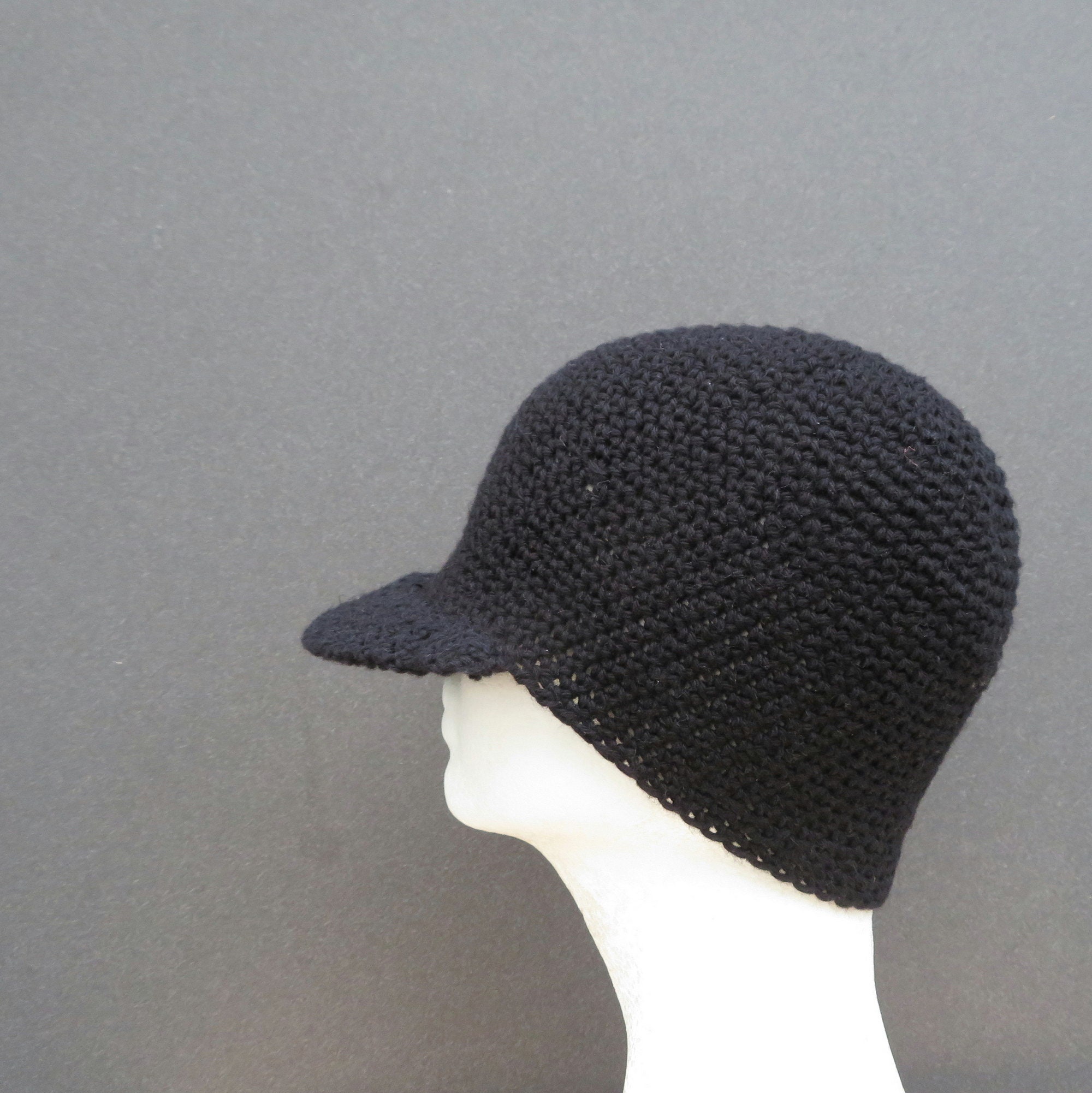 Crochet Visor Beanie: Black Cotton Linen Brimmed Cap - Etsy