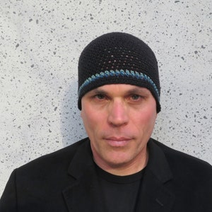 men&#39;s summer beanie, crochet cotton linen hat, lightweight black skull cap