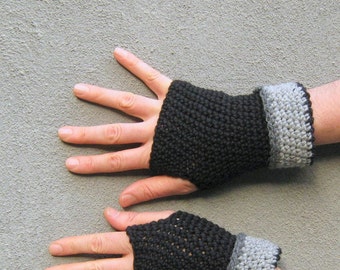 men's fingerless gloves, black grey wool armwarmers, crochet texting gloves