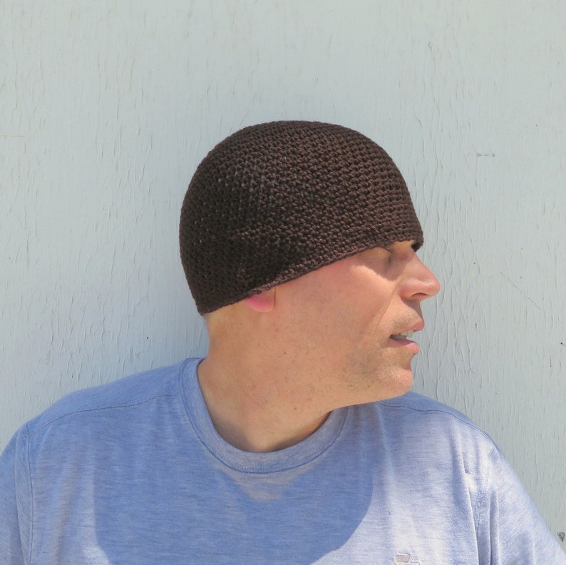 men's summer beanie, linen cotton skull cap, espresso brown crochet hat image 2