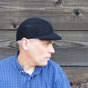 crochet baseball cap, simply black cotton linen hat, men&#39;s summer cap, made to order