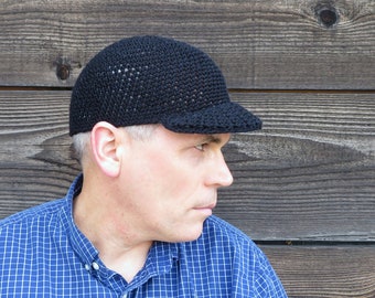 crochet baseball cap, simply black cotton linen hat,  men's summer cap, made to order