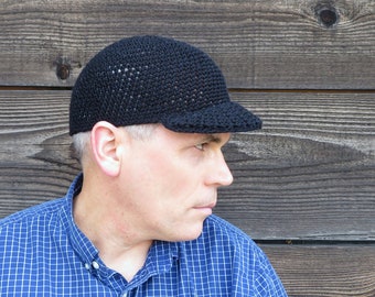 crochet baseball cap, simply black cotton linen hat, men's summer cap, made to order