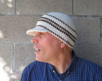 summer visor beanie, cocoa cream cotton linen hat, crochet men's billed beanie, made to order