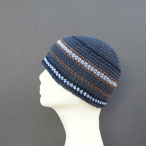 men's cotton kufi, denim brown stripe skull cap, crochet short beanie image 2