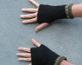 men's fingerless gloves, black wool hemp winter gloves, crochet armwarmers