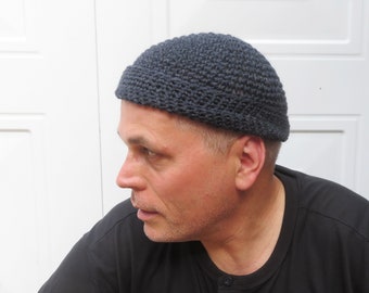 men's wool docker hat, charcoal grey crochet watch cap. dock beanie