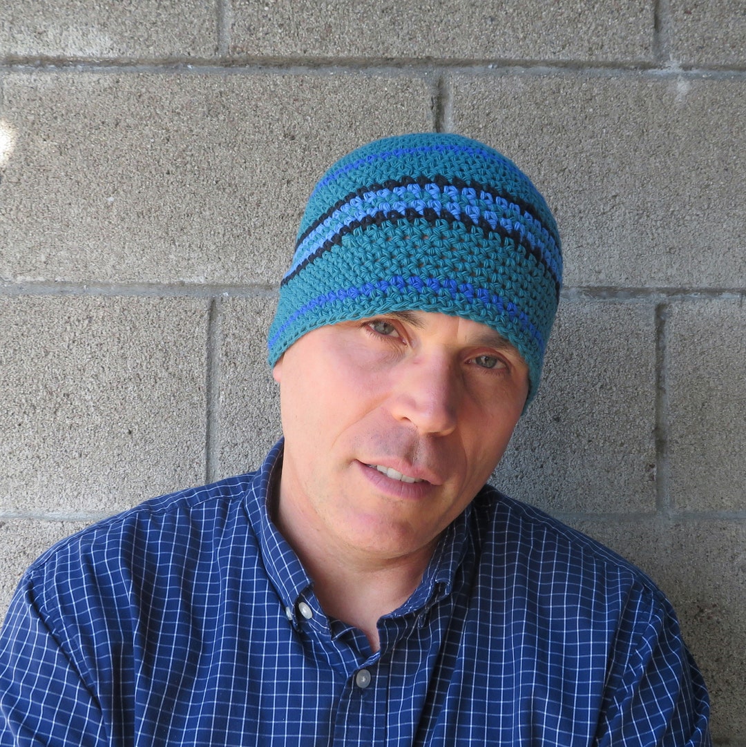 Men's Cotton Beanie Teal Green Stripe Crochet Hat Etsy
