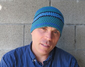 men's cotton beanie, teal green stripe crochet hat