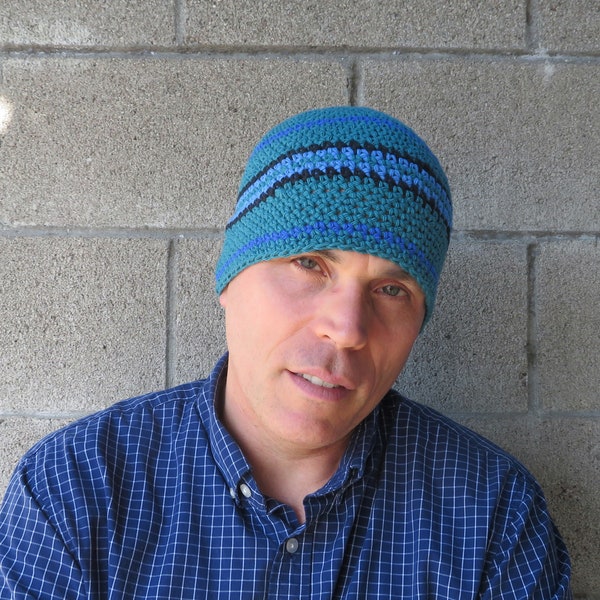 men's cotton beanie, teal green stripe crochet hat