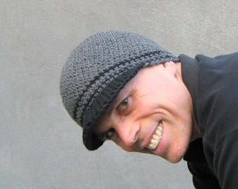 men's visor beanie, stormy gray wool cap, crochet winter hat, made to order