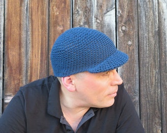 crochet baseball cap, men's summer cap, cotton linen deep blue hat, made to order