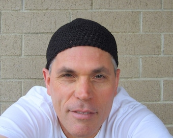 men&#39;s hemp kufi, pure black crochet hat: extra short skull cap