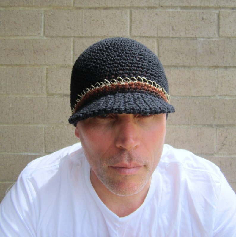men's summer visor beanie, black cotton linen hemp hat, crochet brimmed beanie, made to order image 2