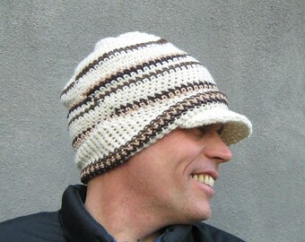 crochet jeep cap, winter white wool beanie,  men's billed beanie, made to order