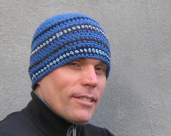 men's crochet beanie, cobalt blue cotton skull cap