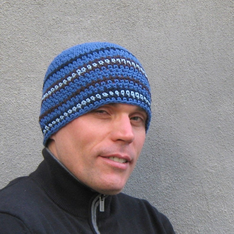 Men's Crochet Beanie Cobalt Blue Cotton 