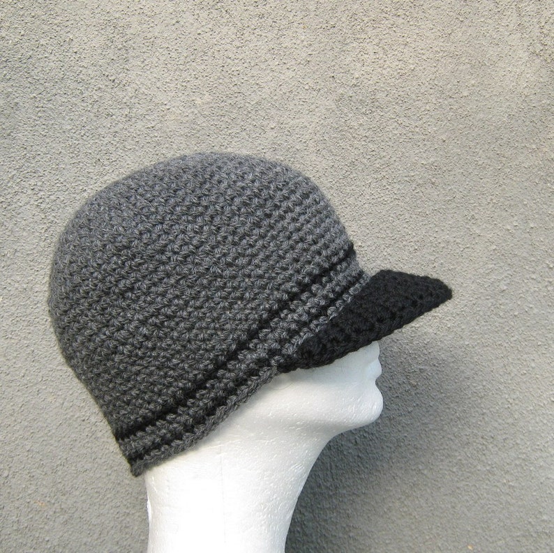 men's visor beanie, stormy gray wool cap, crochet winter hat, made to order image 2