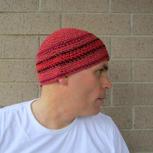 men's hemp kufi, burnt orange striped skull cap, crochet short beanie, made to order