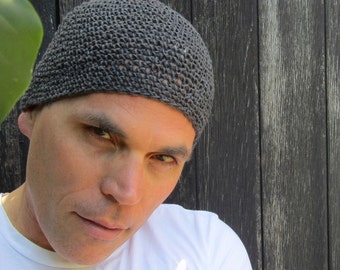 men&#39;s hemp kufi, charcoal gray crochet skull cap, handmade beanie, made to order