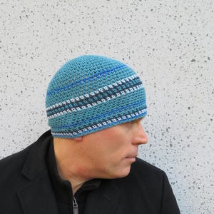 men's summer beanie, ocean blue cotton linen skull cap, crochet beanie image 2