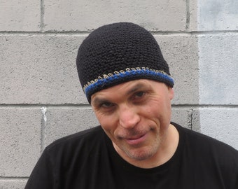 men's cotton hemp beanie, simply black blue crochet skull cap