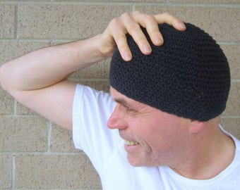 men's short beanie, simply black cotton hat, crochet skull cap