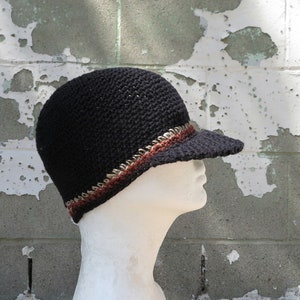 men's summer visor beanie, black cotton linen hemp hat, crochet brimmed beanie, made to order image 4