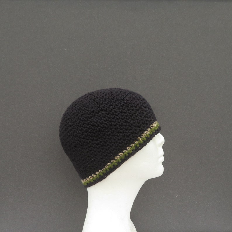 men's black beanie, cotton hemp skull cap, crochet short beanie image 3