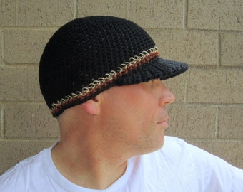 men's summer visor beanie, black cotton linen hemp hat, crochet brimmed beanie, made to order