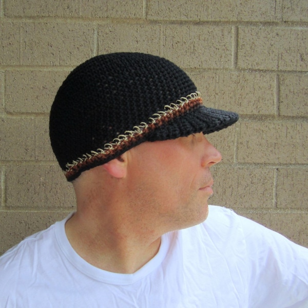 men's summer visor beanie, black cotton linen hemp hat, crochet brimmed beanie, made to order