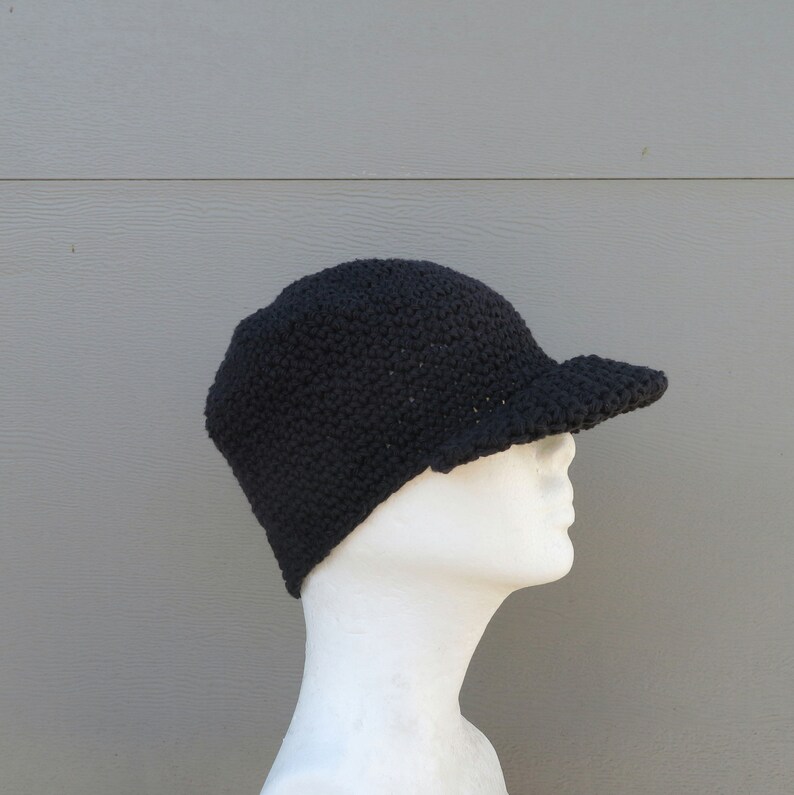 Men's Visor Beanie Simply Black Cotton Hat Crochet Etsy