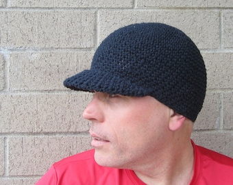 men's visor beanie, simply black cotton cap, crochet brimmed hat