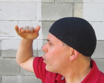men&#39;s cotton kufi, simply black crochet skull cap