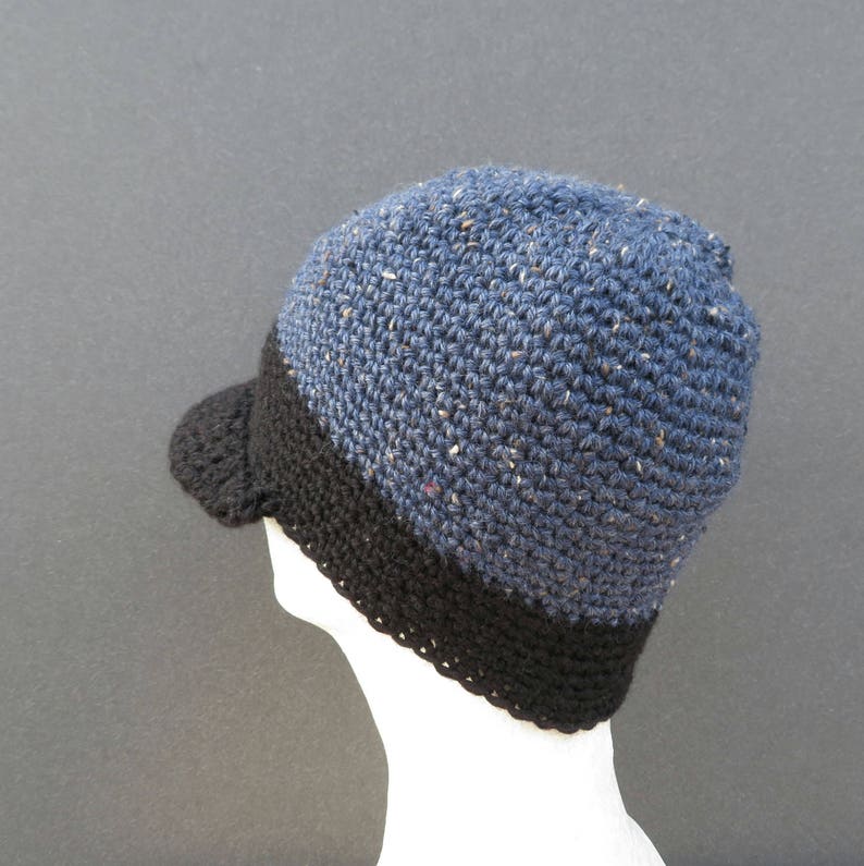 Men's visor beanie/ blue tweed black wool crochet Etsy