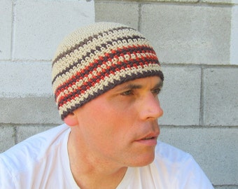 men's cotton beanie, khaki brown stripe crochet skull cap