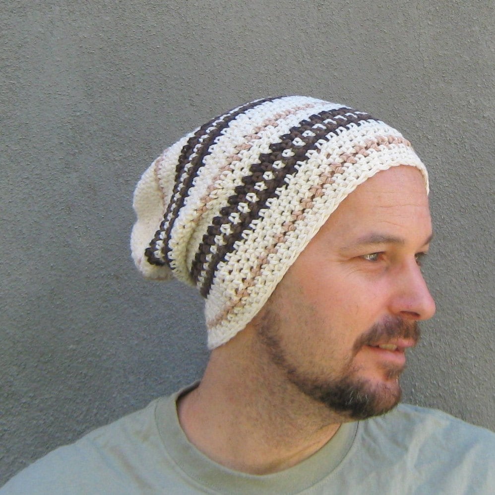 men's slouchy beanie, cocoa cream cotton crochet hat, striped off-white slouch, made to order