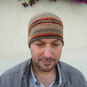 men&#39;s summer beanie, linen cotton khaki striped hat, crochet skull cap