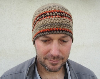 men's summer beanie, linen cotton khaki striped hat, crochet skull cap