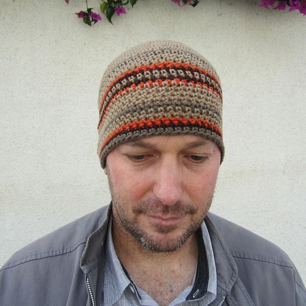 men's summer beanie, linen cotton khaki striped hat, crochet skull cap