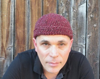 men's docker cap, garnet heather tweed wool winter hat, crochet watch beanie