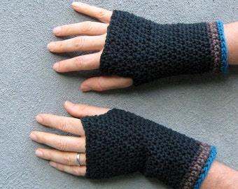 Guantes sin dedos para hombre: calentadores de brazos de crochet de algodón negro