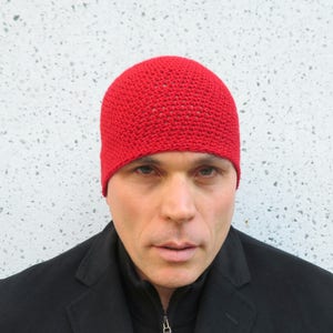 men&#39;s summer beanie, rich red cotton linen skull cap, crochet lightweight hat