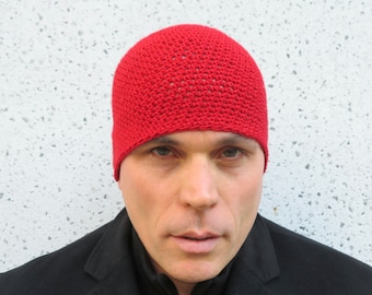 men's summer beanie, rich red cotton linen skull cap, crochet lightweight hat