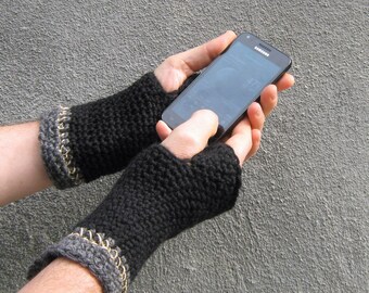 men's fingerless gloves, black wool hemp gloves, crochet short armwarmers