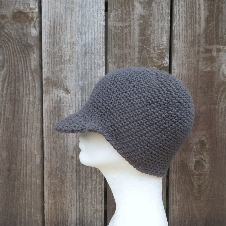 men's summer visor beanie, slate gray cotton linen hat, crochet brimmed cap, made to order image 3