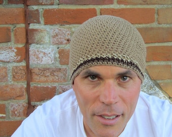 men's summer beanie, khaki cotton linen hemp hat, crochet short skull cap