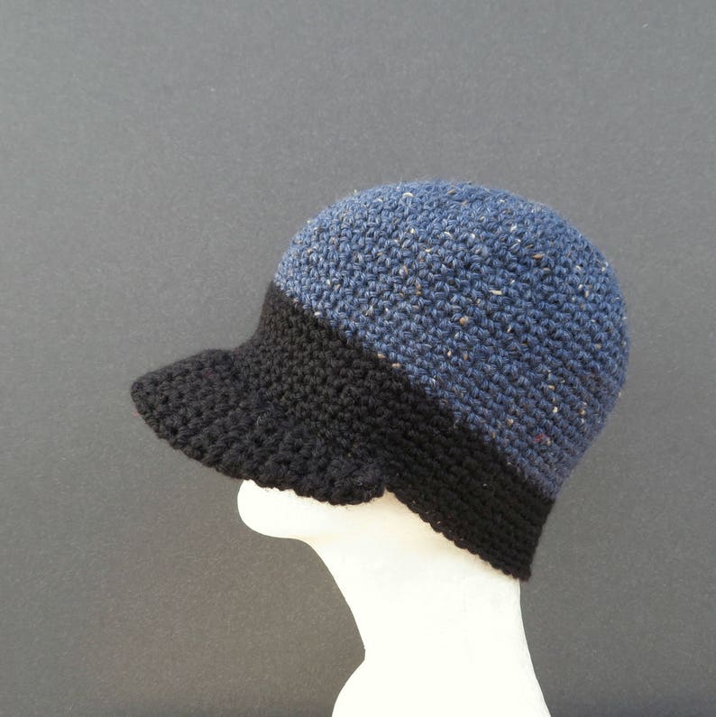 Men's Visor Beanie Blue Tweed Black Wool Crochet Brimmed Etsy