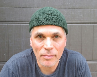 men's summer docker cap, forest green cotton linen beanie, crochet watch cap, gift for him