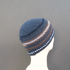 men's cotton kufi, denim brown stripe skull cap, crochet short beanie image 4